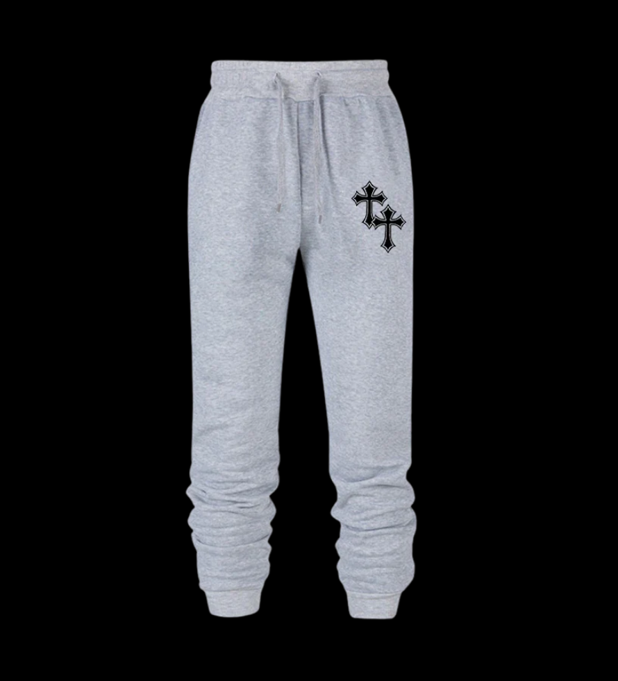 Close up front view of LuxCrux™ Faith Trés Sweatpants on a black background. Gray variant.