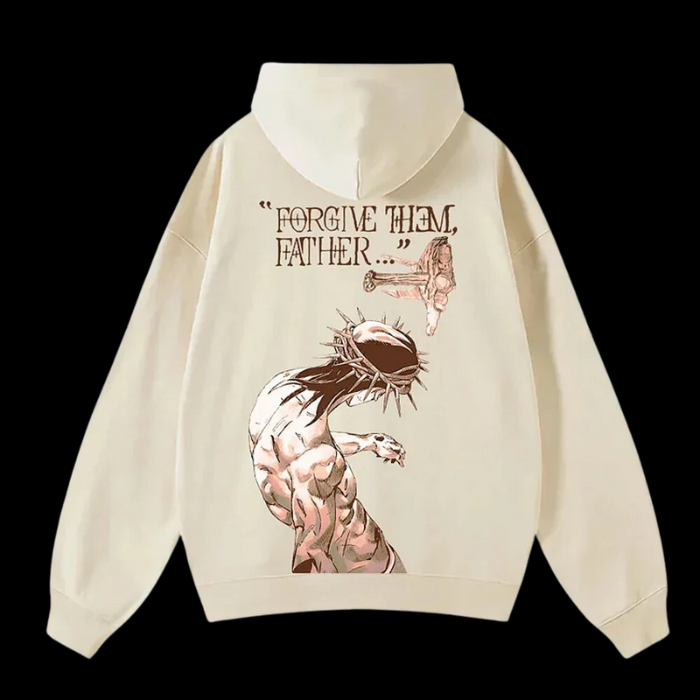 Close up back view of the LuxCrux™ Premium Forgive Them Father Hoodie: beige variant on a pitch black background