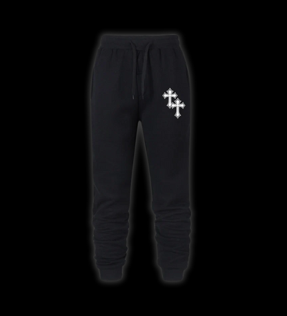 Close up front view of LuxCrux™ Faith Trés Sweatpants on a black background. Black variant.