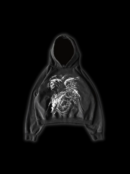 Close up front view of the LuxCrux™ Archangel Base Hoodie on a black background of the black variant.