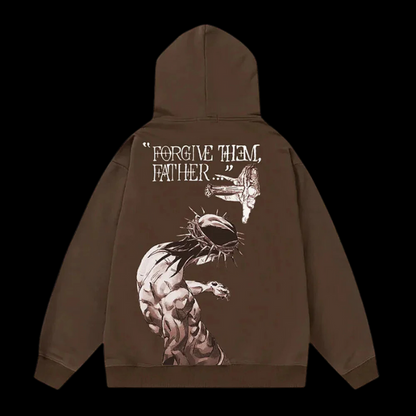 Close up  back view of the LuxCrux™ Premium Forgive Them Father Hoodie: brown variant on a pitch black background