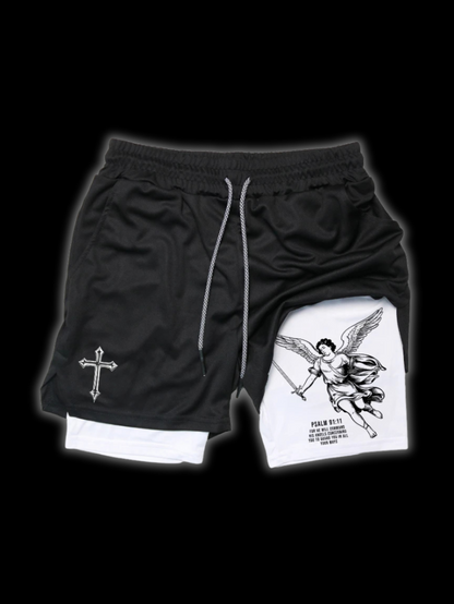 Close up front view of LuxCrux Angel Shorts Black/White variant.
