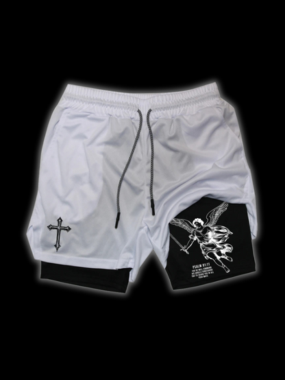 Close up front view of LuxCrux Angel Shorts White/Black variant.
