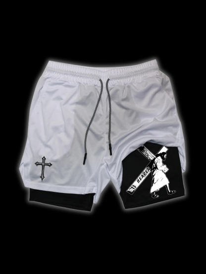 Close up front view of LuxCrux Jesus Shorts, White/Black variant on a black background