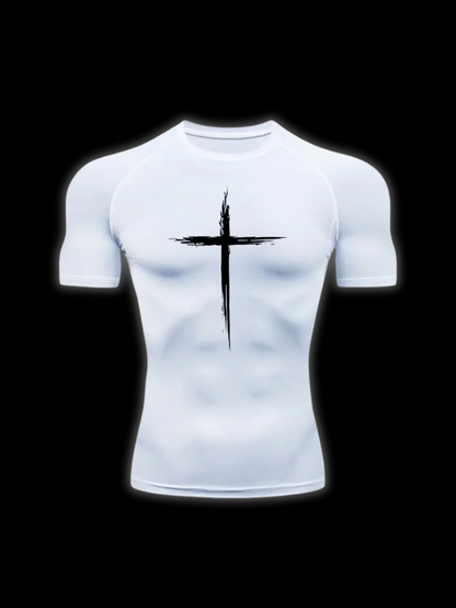 Close up front view of the LuxCrux™ Legacy Short-Sleeved Compression Shirt, white variant on a black background. 