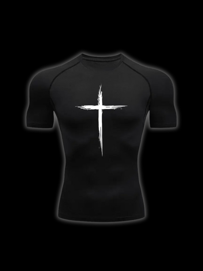 Close up front view of the LuxCrux™ Legacy Short-Sleeved Compression Shirt, black variant on a black background. 